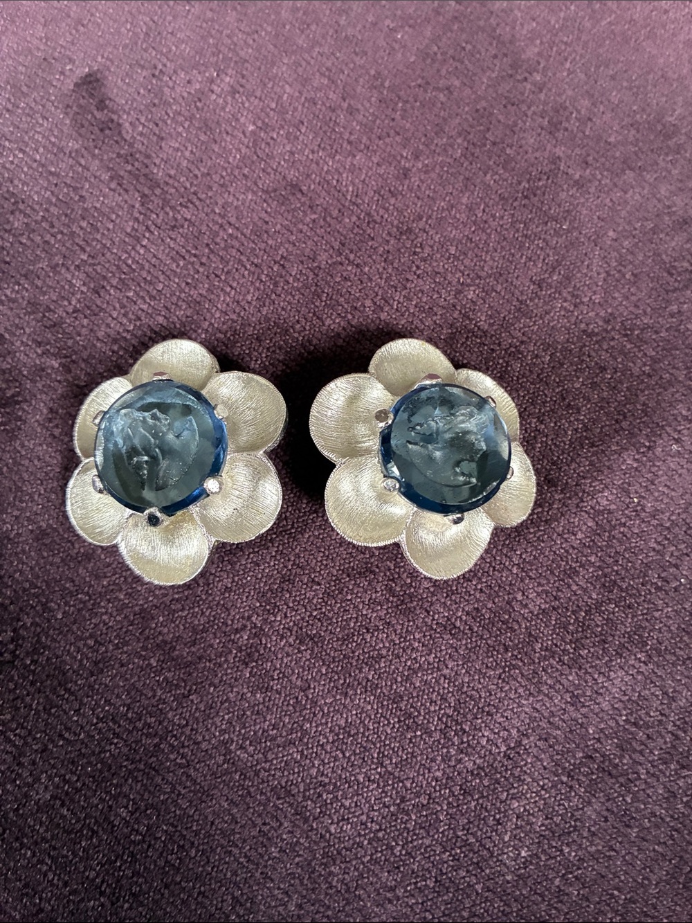 1950’s Tara carved glass intaglio Silver Floral Earrings with Blue Stone Center